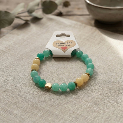 Teal Green Gemstone Beaded Bracelet, Gold Heart Charm, Boho Stackable Jewelry