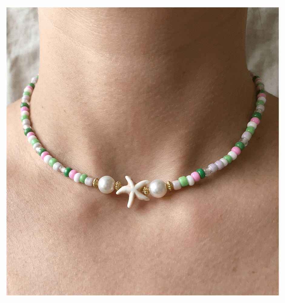 Handcrafted Summer Beach Beaded Necklace, Metal-Plated Clasp w/ Extension Chain
