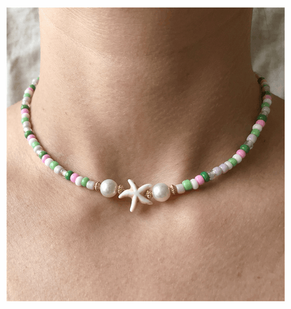Handcrafted Summer Beach Beaded Necklace, Metal-Plated Clasp w/ Extension Chain