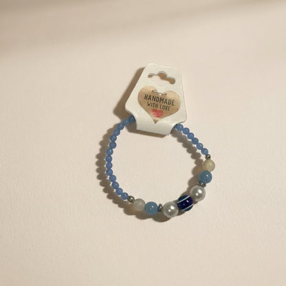 Handmade Blue Ombre Beaded Bracelet Sky Blue Agate and White Jade with Silver Accents Minimalist Stackable Jewelry Boho Style