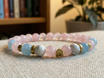 Rose Quartz Beaded Bracelet - White Pink & Blue Pastel Natural Stone Stretch Bracelet with Small Gold Heart Charm, Healing Crystal Jewelry