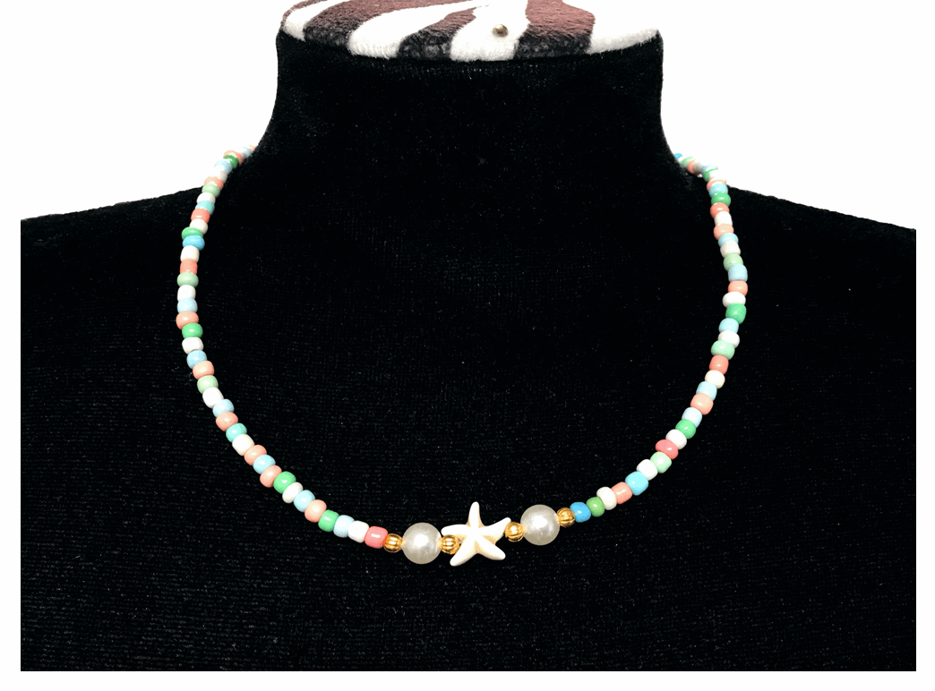 Handcrafted Seaside Starfish Beaded Necklace, Metal-Plated Clasp w/ Extension Chain