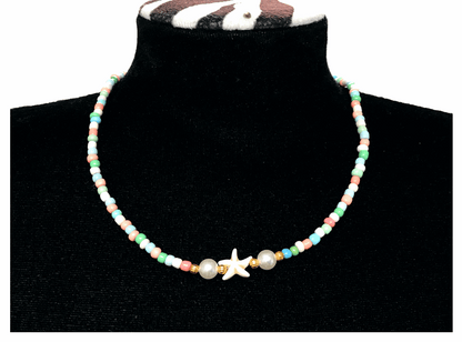 Handcrafted Seaside Starfish Beaded Necklace, Metal-Plated Clasp w/ Extension Chain