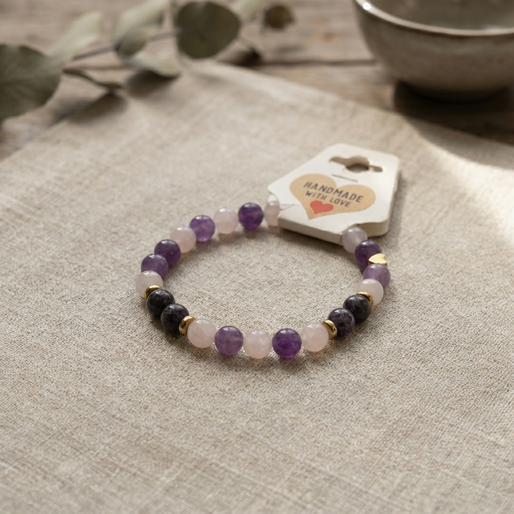 Purple Pink Gemstone Beaded Bracelet, Gold Heart Charm, Boho Stackable Jewelry