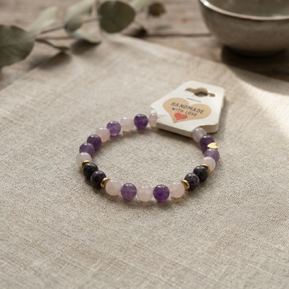 Purple Pink Gemstone Beaded Bracelet, Gold Heart Charm, Boho Stackable Jewelry