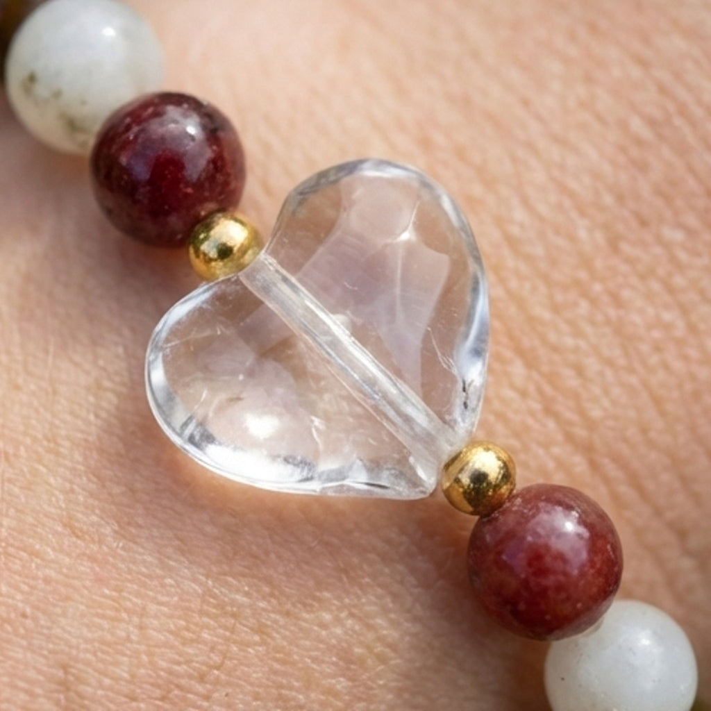 Handmade Garnet Beaded Bracelet with Clear Crystal Style Heart Charm – Tiger Eye & Jade Natural Gemstone, Healing Jewelry Gift