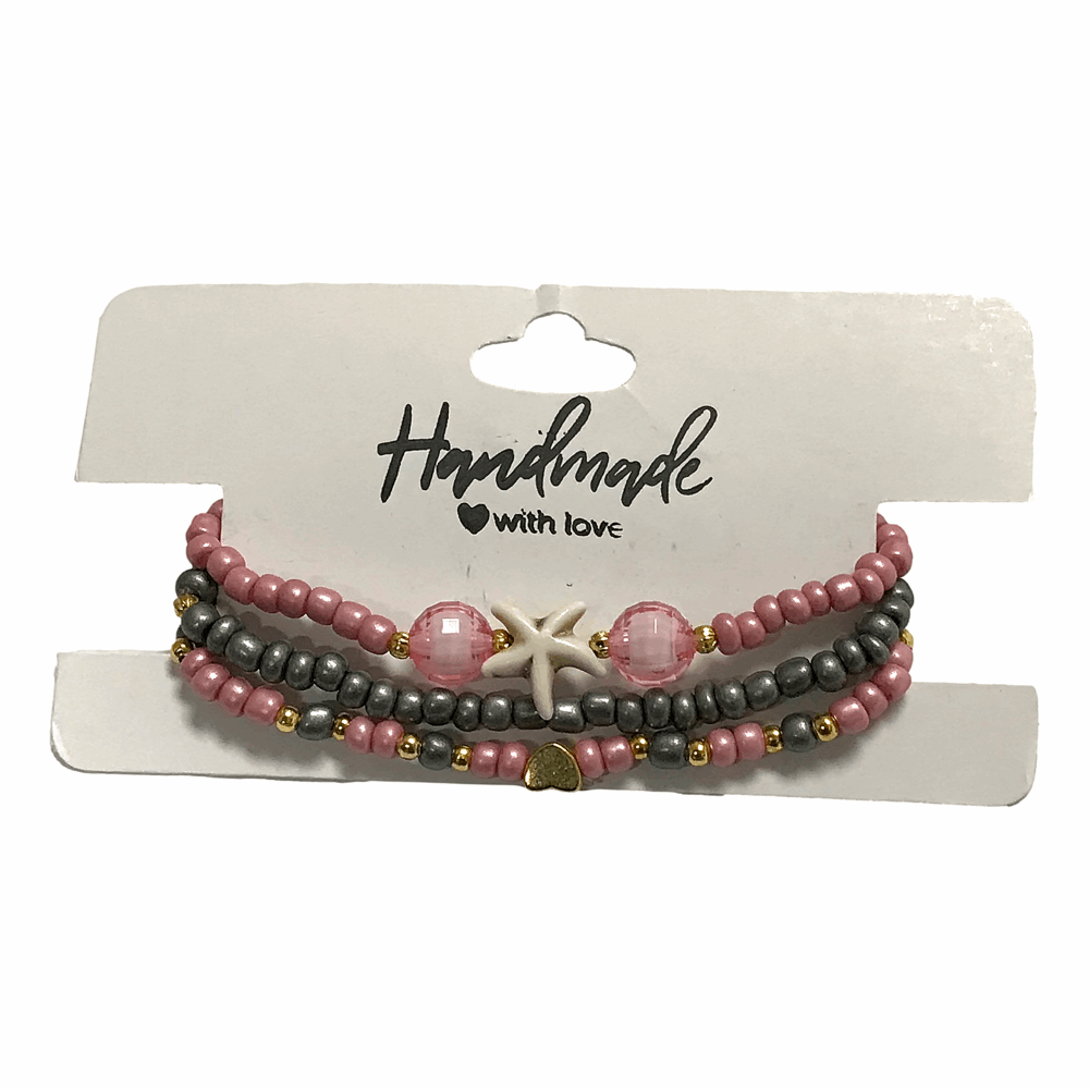 Handmade Pink Gray Gold Beaded Bracelet Set, Starfish & Heart Charms, Boho Ocean Jewelry