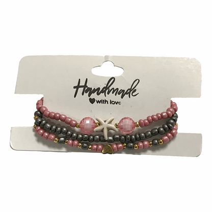 Handmade Pink Gray Gold Beaded Bracelet Set, Starfish & Heart Charms, Boho Ocean Jewelry