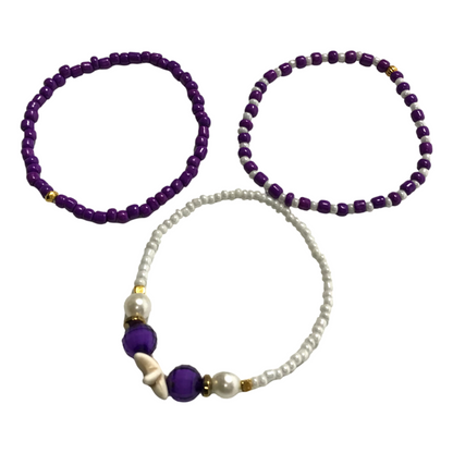 Handmade Purple White Gold Beaded Bracelet Set, Starfish Charm, Boho Ocean Jewelry