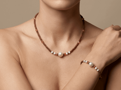 Handmade Pearl Beaded Necklace and Bracelet Set, Earthy Terracotta & White Jewelry, Elegant Boho Chic Set with 5cm Extension Chain