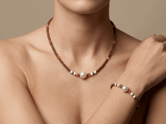 Handmade Pearl Beaded Necklace and Bracelet Set, Earthy Terracotta & White Jewelry, Elegant Boho Chic Set with 5cm Extension Chain