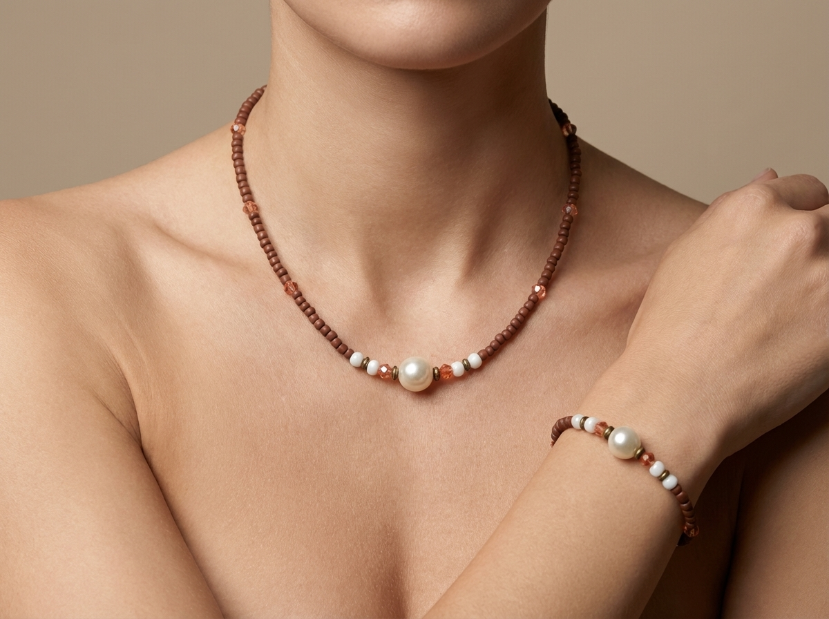 Handmade Faux Pearl Beaded Necklace and Bracelet Set, Earthy Terracotta & White Jewelry, Elegant Boho Chic Set with 5cm Extension Chain