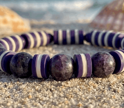Handmade Heishi Bracelet – Amethyst Violet Plum & White Shell Disc & Round Beads - Boho style