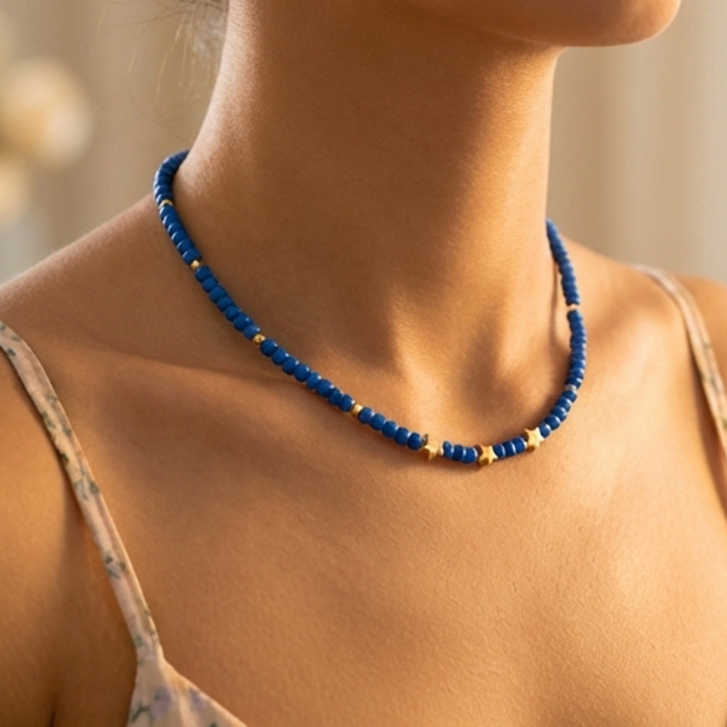 Royal Blue Beaded Star Necklace with Gold Accents – Minimalist Choker Jewelry