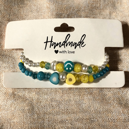 Blue Yellow Beaded Bracelet Set, Smiley Face Heart Bracelet, Colorful Friendship Jewelry, Faux Pearls Stackable Summer Gift