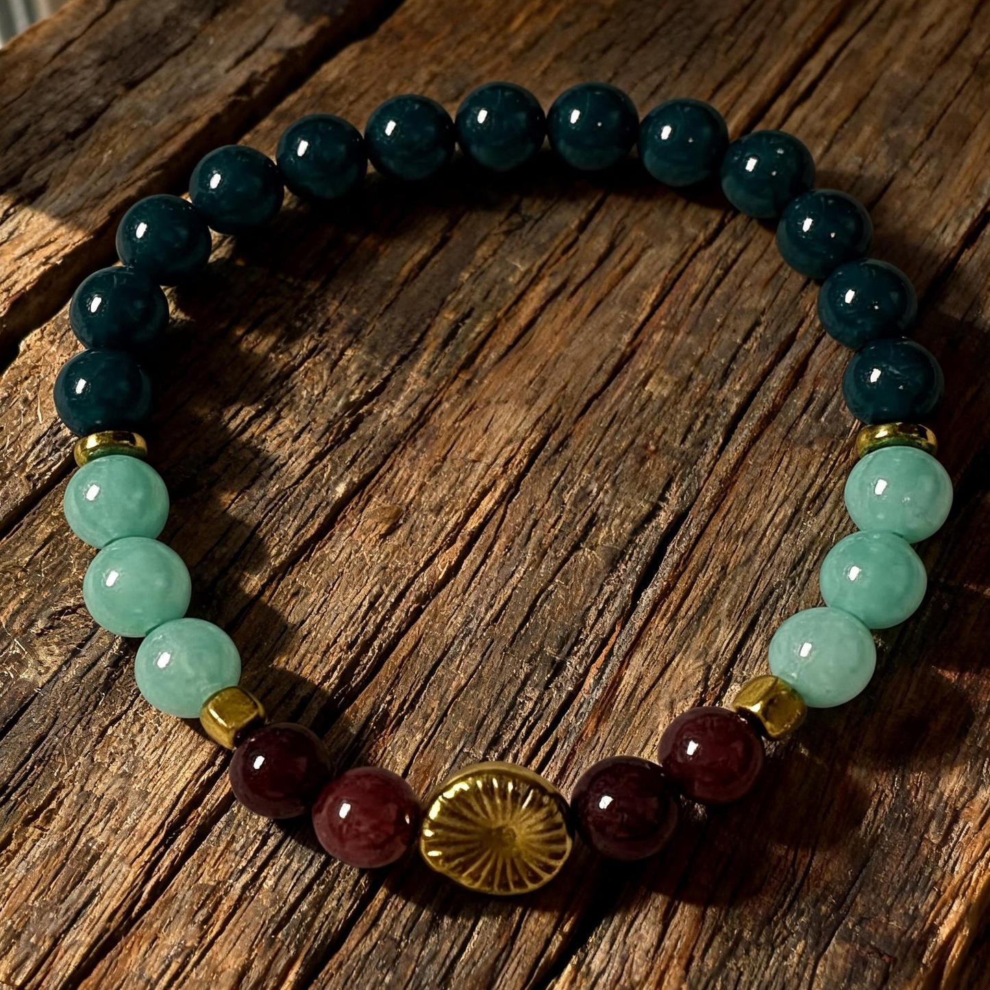 Teal Mint Beaded Bracelet, Burgundy Gold Accent, Boho Gemstone Stacking Jewelry