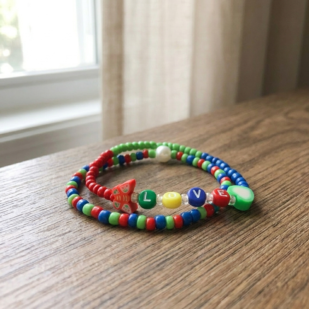 Handmade Rainbow Beaded Bracelet Set, Heart Charm & LOVE Letters, Pearl-Like Accent, Playful Boho Jewelry