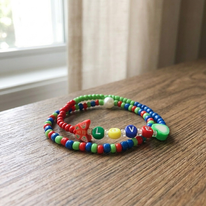 Handmade Rainbow Beaded Bracelet Set, Heart Charm & LOVE Letters, Pearl-Like Accent, Playful Boho Jewelry
