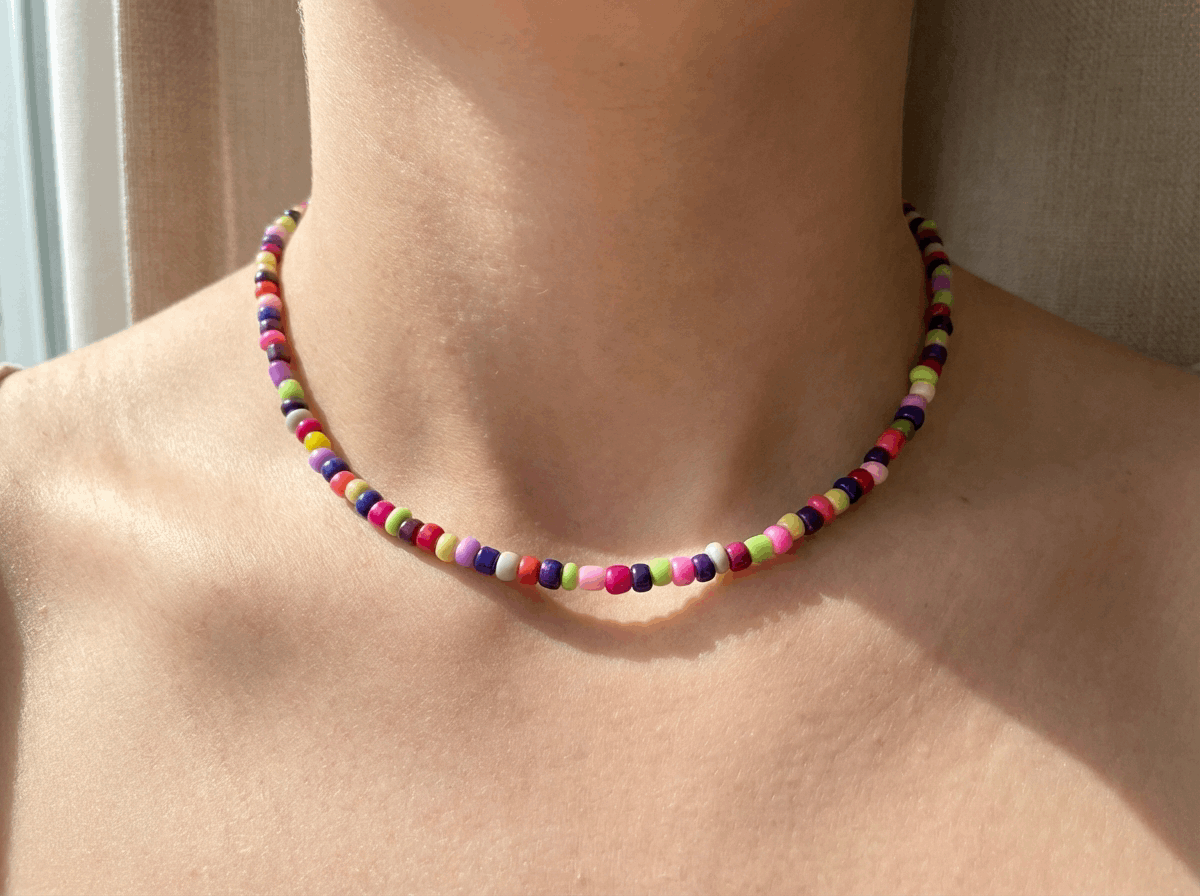 Handmade Multicolor Candy Beaded Choker, Vibrant Rainbow Seed Bead Necklace.