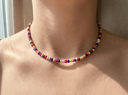 Handmade Multicolor Candy Beaded Choker, Vibrant Rainbow Seed Bead Necklace.