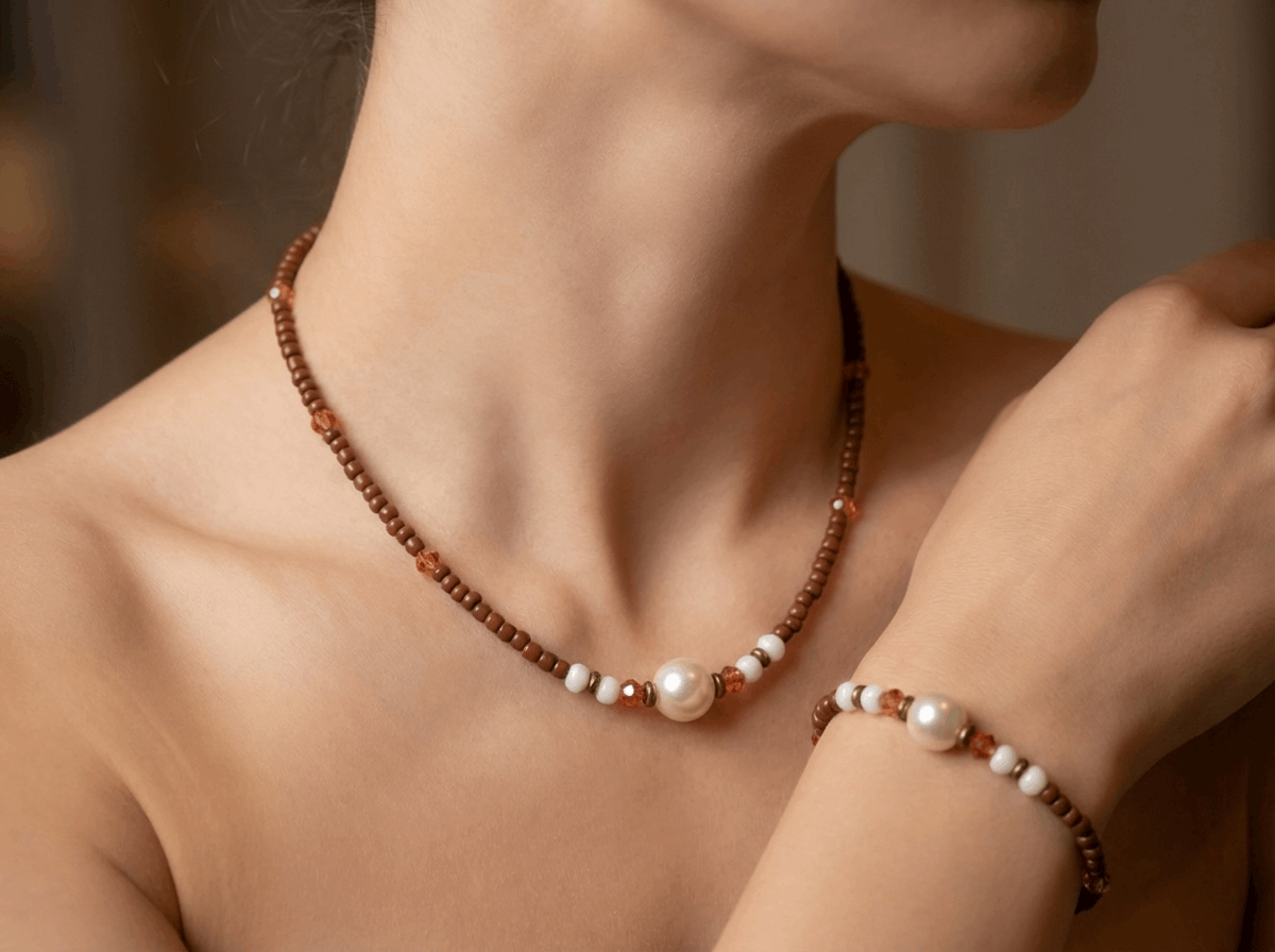 Handmade Pearl Beaded Necklace and Bracelet Set, Earthy Terracotta & White Jewelry, Elegant Boho Chic Set with 5cm Extension Chain