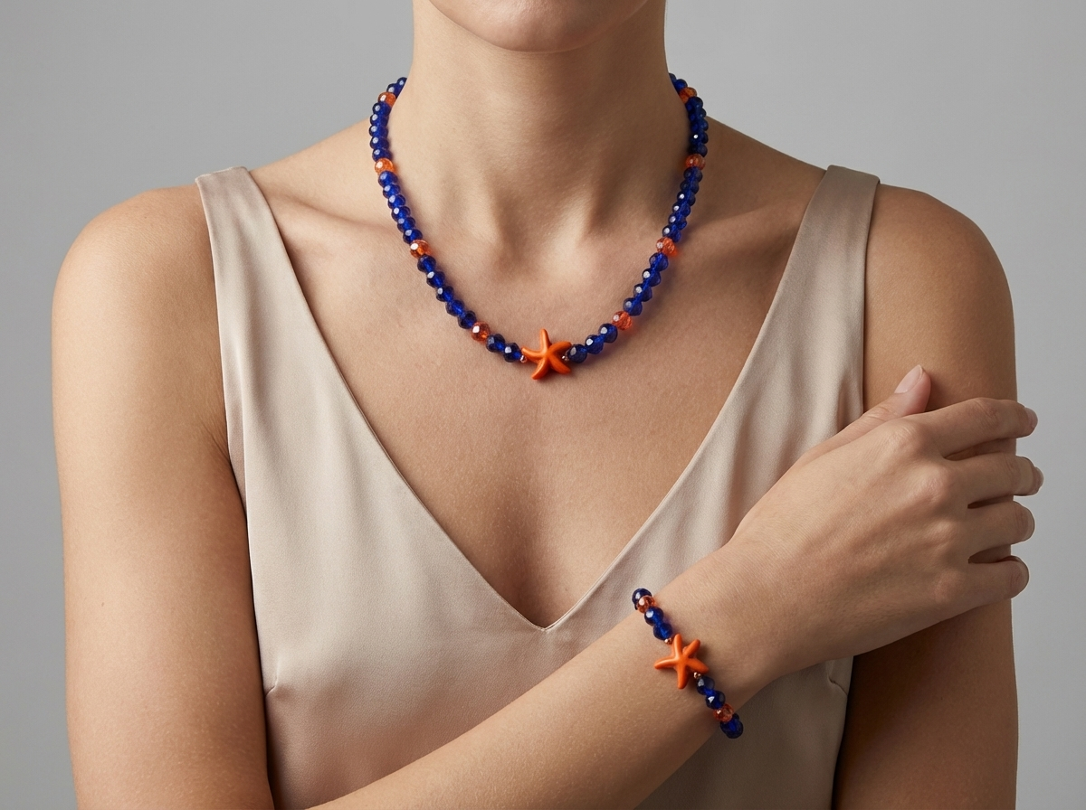 Navy Blue and Orange Starfish Jewelry Set Beaded Necklace and Bracelet Nautical Summer Beach Jewelry Coastal Boho Choker Set