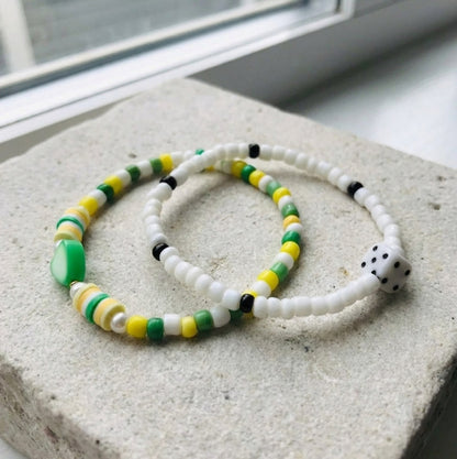 Handmade Green & White Beaded Bracelet Set (2 pcs) – Dice Charm, Striped Beads & Fun Star Accents, Playful Jewelry Gift for Kids/Teens