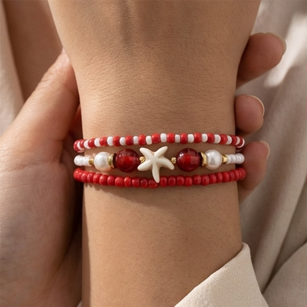 Handmade Red White Gold Beaded Bracelet Set, Starfish Charm, Boho Ocean Jewelry