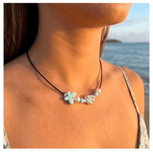 Handcrafted Flower-Butterfly Design Necklace with Acrylic White Pearl Beads, Black Cord, Lobster Claw with Extension Chain