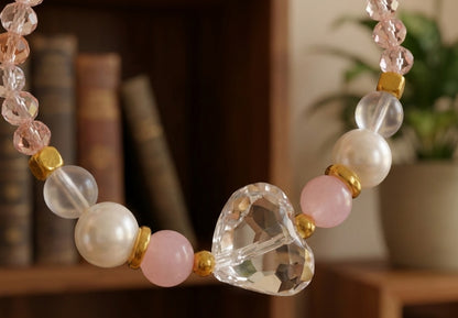 Handmade Beaded Bracelet – Pink Glass, Pearl-Style, Moonstone-Like & Gold Spacer Beads with Clear Heart Charm