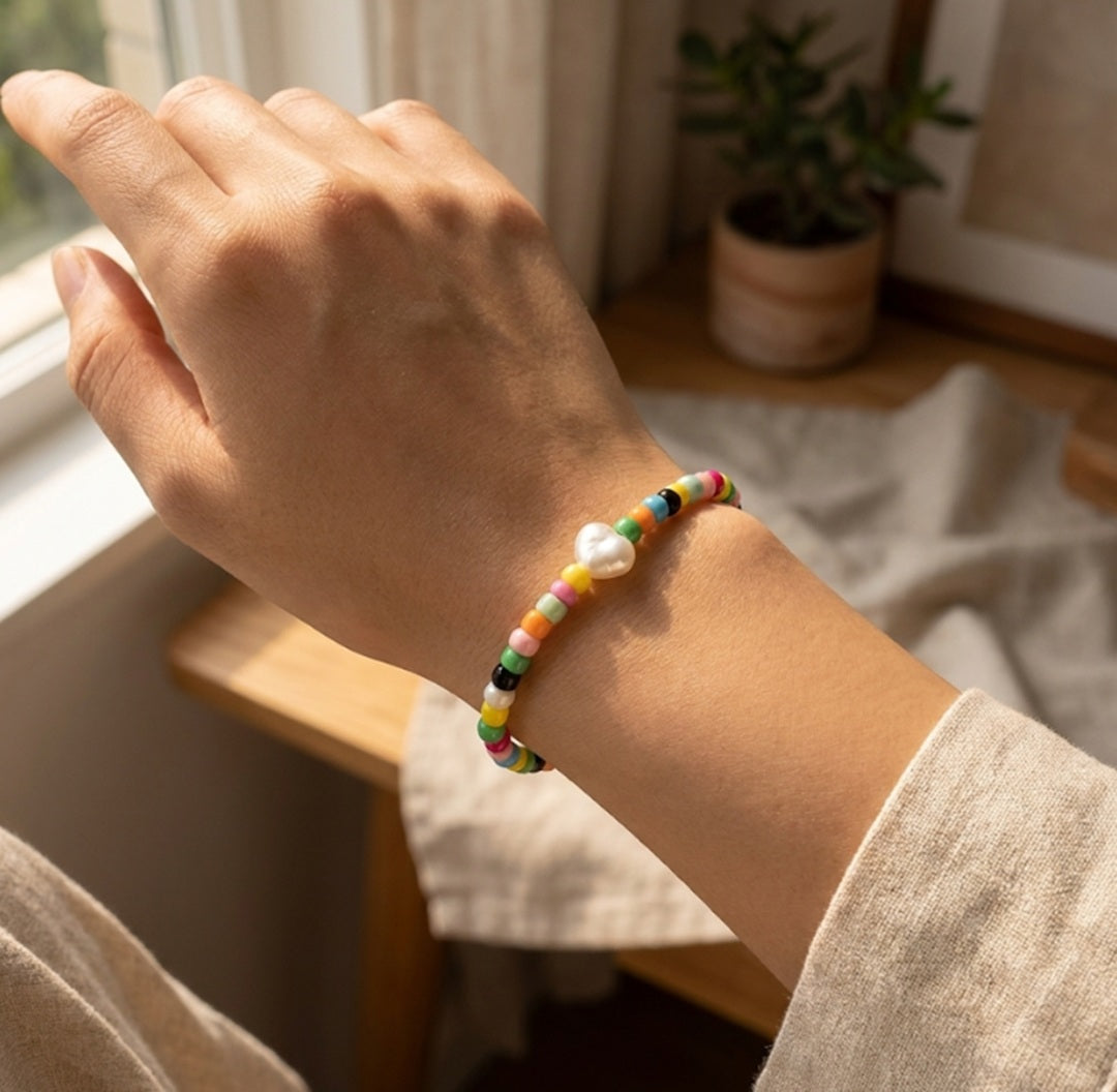 Colorful Boho Beaded Bracelet – Rainbow Beads with White Centerpiece, Handmade Elastic Casual Jewelry