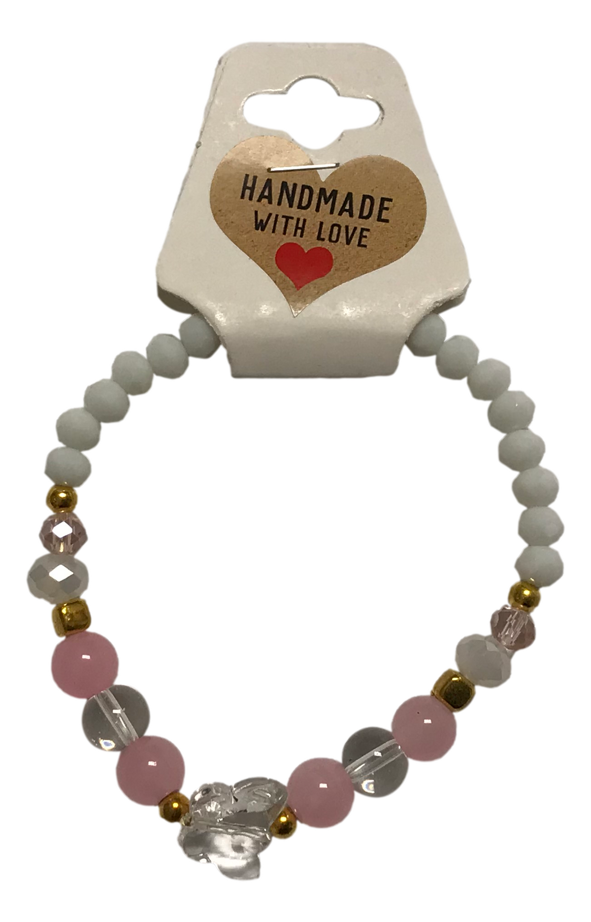 Handmade Bracelet – Pink & White Beads, Faceted Crystal-Style Butterfly Charm, Gold-Tone Accents, Elegant Gift Jewelry