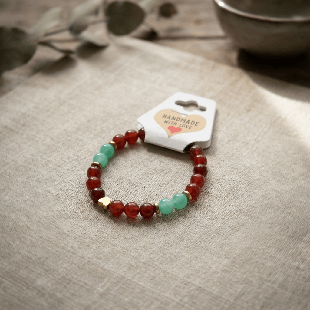 Handmade Red & Turquoise Beaded Bracelet, Gold Heart Charm Jewelry Boho Gemstone Stackable
