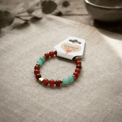 Handmade Red & Turquoise Beaded Bracelet, Gold Heart Charm Jewelry Boho Gemstone Stackable