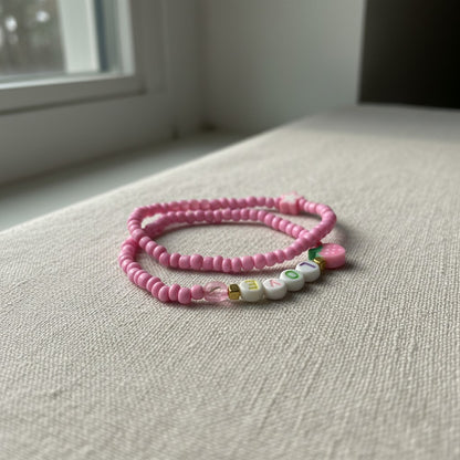 Pink Beaded Love Bracelet Set with Strawberry Charm, Cute Handmade Stretch Seed Bead Stackable Jewelry
