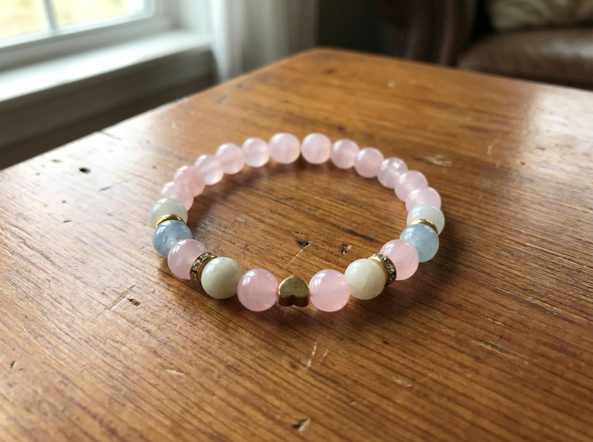 Pastel Beaded Bracelet with Gold Heart Charm, Natural Stone Jewelry