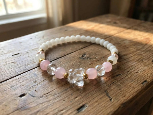 Handmade Bracelet – Pink & White Beads, Faceted Crystal-Style Butterfly Charm, Gold-Tone Accents, Elegant Gift Jewelry