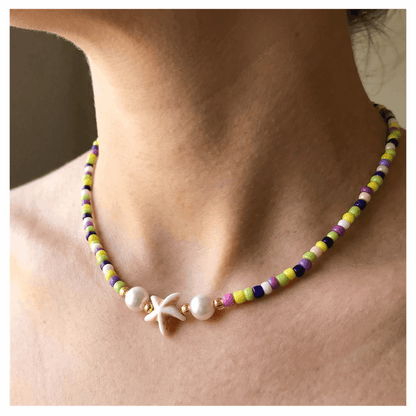 Handcrafted Coastal Starfish Beaded Necklace, Metal-Plated Clasp w/ Extension Chain