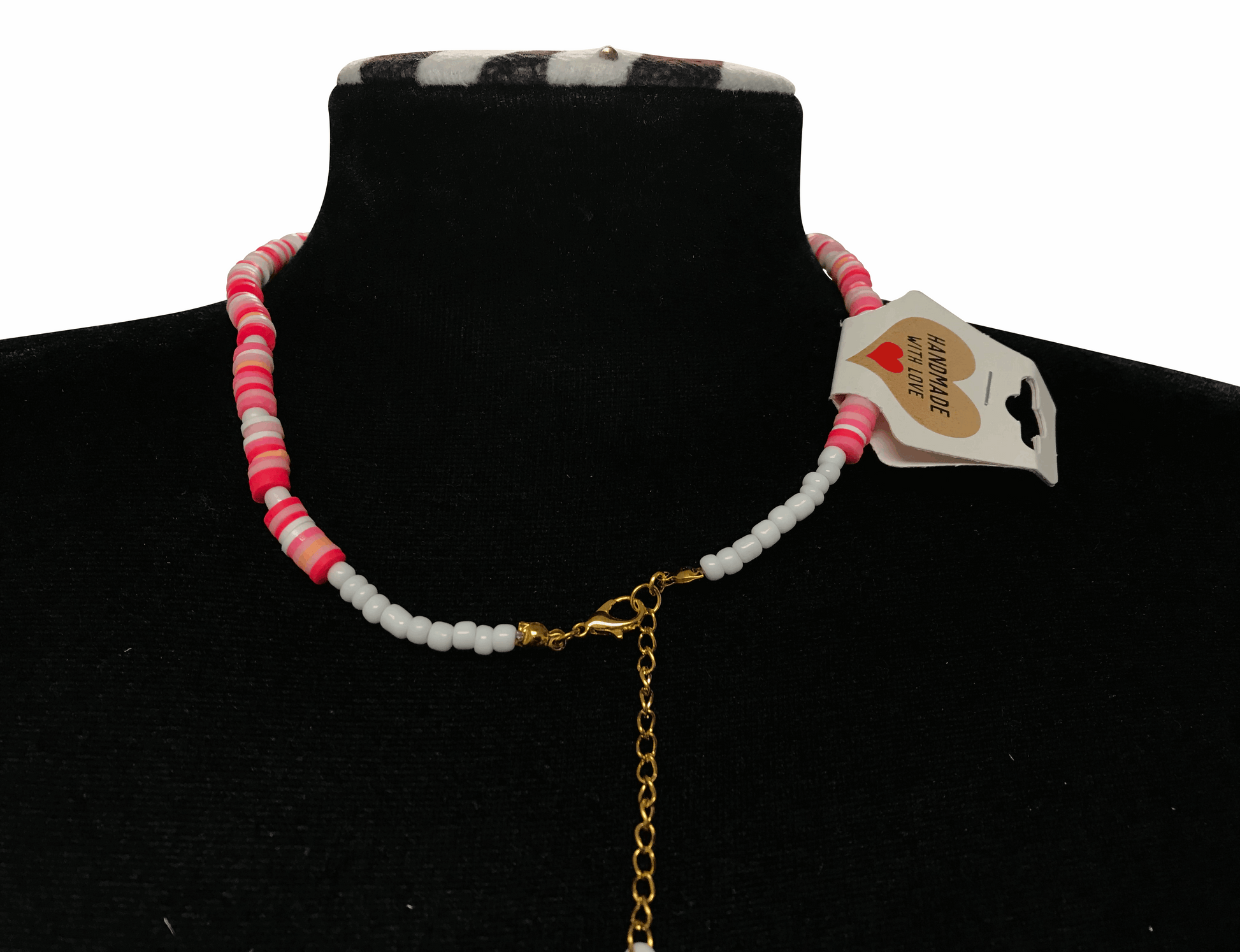 Pink Heishi Bead Necklace, Surfer Style Beach Flower Beaded Jewelry, Pastel White Coral Choker, Metal-Plated Clasp w/ Extension Chain