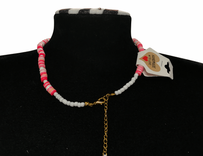 Pink Heishi Bead Necklace, Surfer Style Beach Flower Beaded Jewelry, Pastel White Coral Choker, Metal-Plated Clasp w/ Extension Chain