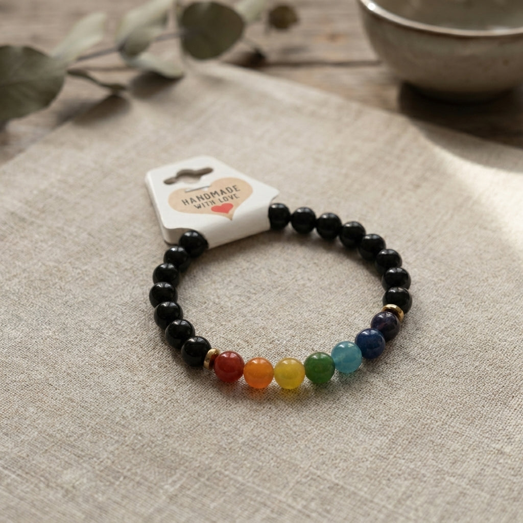 Black Onyx Healing Crystal 7 Chakra Rainbow Handmade Bracelet Artisan Jewelry Spiritual Yoga Gift Minimalist Boho Style