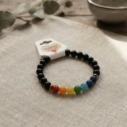 Black Onyx Healing Crystal 7 Chakra Rainbow Handmade Bracelet Artisan Jewelry Spiritual Yoga Gift Minimalist Boho Style