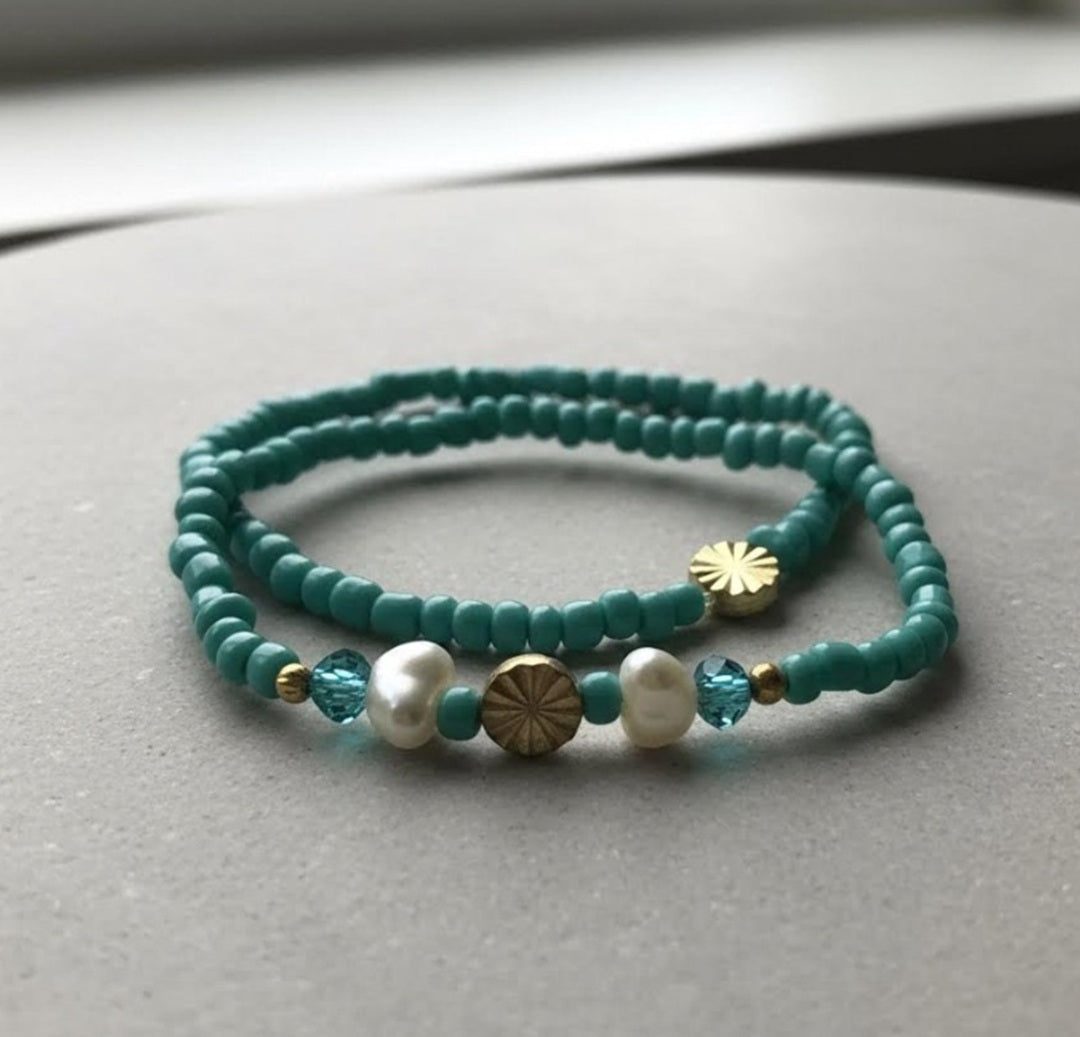 Handmade 2-Piece Turquoise Beaded Bracelet Set with Pearl Accents & Gold-Tone Flower Beads Gift