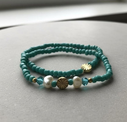 Handmade 2-Piece Turquoise Beaded Bracelet Set with Pearl Accents & Gold-Tone Flower Beads Gift