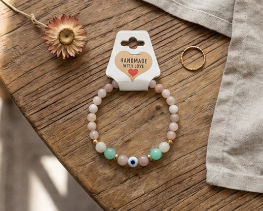 Handmade Gemstone Beaded Evil Eye Bracelet Charm Crystal Rose Quartz and Amazonite Moonstone Jewelry Boho Style Minimalist