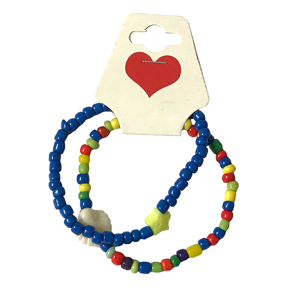 Two colorful beaded bracelets on a card with a red heart design.