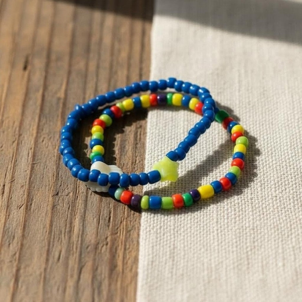 Colorful beaded bracelet on a wooden surface