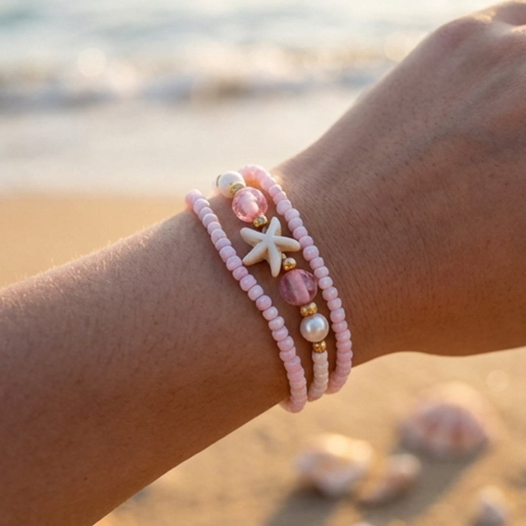 Handmade Pastel Pink White Gold Beaded Bracelet Set, Starfish Charm, Boho Ocean Jewelry