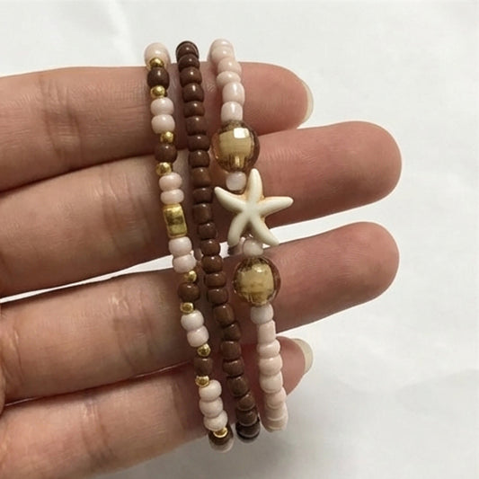 Handmade Sandrift Brown Gold Beaded Bracelet Set, Starfish Charm, Boho Ocean Jewelry