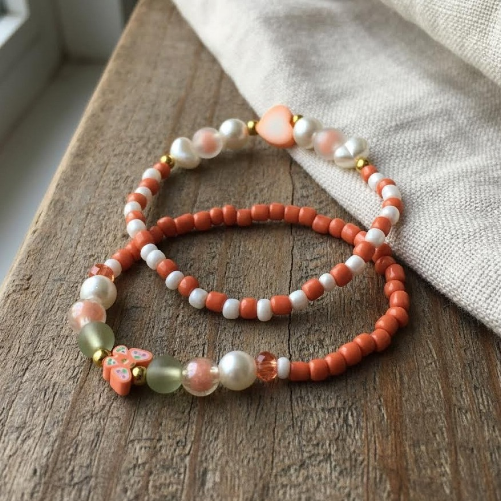 Coral Heart Butterfly Charm Bracelet Set, Handmade Faux Pearl Seed Bead Stretch Bracelet, Love & Transformation Jewelry